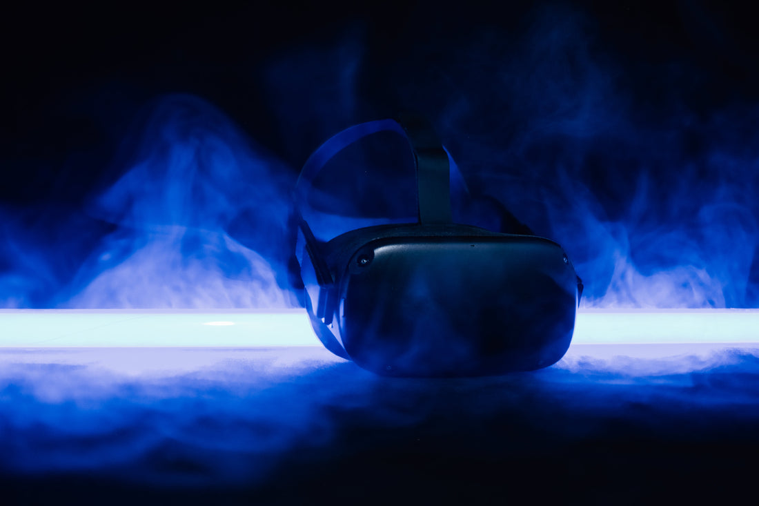 a-black-headset-surrounded-by-fog-in-blue-light