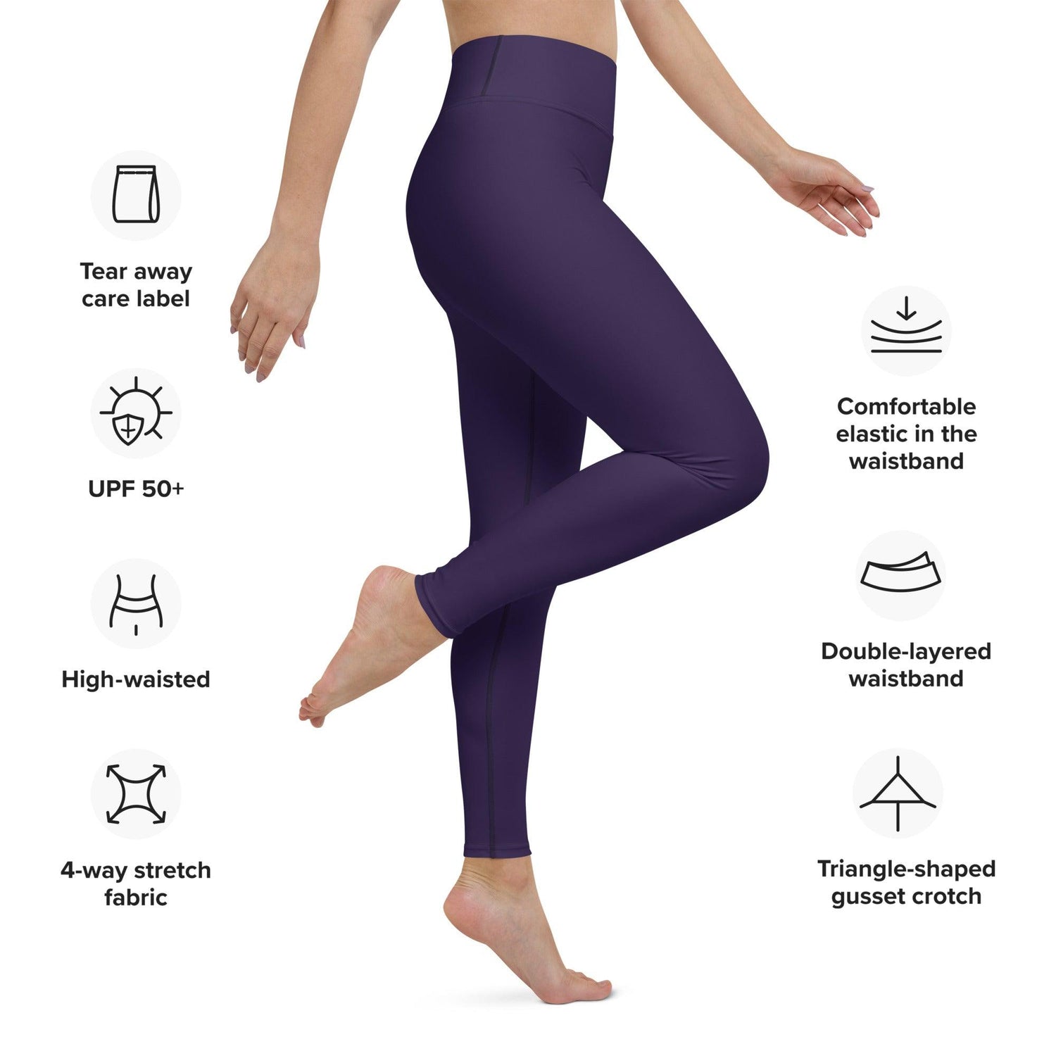 Dark purple high waist full length leggings with 4-way stretch fabric durable elastic waistband and triangle shaped gusset crotch